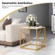 Square end table with a gold geometric frame and tempered glass top, perfect for stylish home decor and stability.