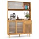 Natural bamboo wine bar cabinet featuring a rattan door and glass shelves, ideal for stylish kitchen or dining room.