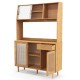 Natural bamboo wine bar kitchen cabinet with sliding tempered glass doors and rattan door, featuring open storage and.