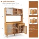 69-inch wine bar kitchen cabinet with sliding tempered glass and rattan door, featuring open storage and bamboo.