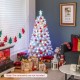 5-foot pre-lit fiber optic white snow-flocked artificial Christmas tree with vibrant lights, perfect for festive decor.