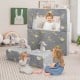Kids play sofa with ottoman in gray, featuring removable washable cover and glow-in-the-dark design for imaginative fun.