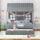 Twin size gray house bed frame with trundle, featuring a charming roof and windows for kids' room decor.