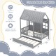 Twin size house bed frame in gray with trundle, featuring a tall roof and safety rails for kids' room charm.