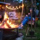 5-piece black fireplace tool set with stand, including tongs, brush, shovel, and poker, perfect for cozy outdoor fires.