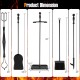 5-piece black fireplace tool set including poker, brush, shovel, and tong with ergonomic handles for convenient use.