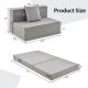 Tri-fold sofa bed in light gray with dimensions, showcasing versatile design for lounging, napping, or extra seating.