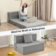 Tri-fold light gray sofa bed with pillow, versatile for work or relaxation, featuring a cozy faux linen cover.
