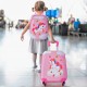 Kids carry-on luggage set featuring a pink unicorn design, including a suitcase and a matching backpack for travel.