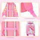 Detail of the pink kids carry-on luggage set showing adjustable shoulder straps, elastic band, and cute unicorn pattern.