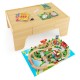 Wooden train set with reversible tabletop, featuring 84 pieces and a spacious design for kids' play and creativity.