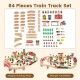 84-piece wooden train track set with reversible tabletop, featuring a gas station and helicopter pad for imaginative.