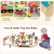 84-piece wooden train set with reversible tabletop, gas station, and helicopter pad for imaginative play and safety.