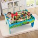 Colorful 80-piece wooden train set and table with removable top, featuring tracks, buildings, and accessories for.