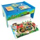 Colorful 80-piece wooden train set with reversible table, featuring tracks, buildings, and accessories for imaginative.