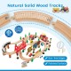 Colorful 80-piece wooden train set with solid wood tracks, featuring a gas station and helicopter pad for imaginative.