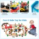 80-piece wooden train set with colorful tracks, gas station, and helicopter pad for imaginative play and fine motor.