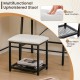 Cushioned stool with metal mesh storage shelf, part of the Ladder Vanity Desk Set, ideal for small rooms and makeup use.