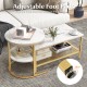 Nesting coffee table set with faux marble tops and golden steel frame, featuring adjustable foot pads for stability.