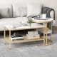 Nesting coffee table set featuring a round and oval design with faux marble tops and golden steel frame for living room.