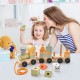 Colorful wooden train set with stackable blocks, featuring animal patterns, for fun and skill development in kids.