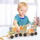 Wooden train set with stackable blocks, featuring cute animal patterns and a tow rope for easy pulling and play.