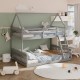 Twin over full house bunk bed in gray with ladder and guardrails, perfect for kids' rooms and space-saving solutions.