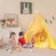 Kids play tent in yellow with solid wood frame, perfect for indoor play and reading, featuring cute windows and flags.