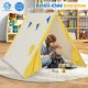 Kids play tent with solid wood frame in yellow, perfect for indoor and outdoor fun, featuring cute windows and flags.