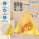 Kids play tent in yellow with solid wood frame, perfect for indoor and outdoor fun, featuring cute windows and flags.