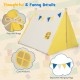 Kids play tent in yellow with cute windows and decorative hanging flags, perfect for indoor and outdoor fun.