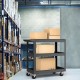 3-tier black metal utility cart with flat handle and lockable wheels, ideal for heavy-duty storage in various settings.
