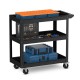 3-tier black metal utility cart with tools, featuring lockable wheels and ample storage for heavy-duty use.