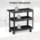 3-tier black metal utility cart with dimensions, featuring lockable wheels and a 110 lbs capacity per shelf for.