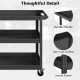 3-tier black metal utility cart with flat handle, sturdy frame, and lockable wheels for versatile storage and easy.