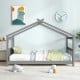 Twin size gray wooden house bed with roof design, featuring solid wood support and slats for kids' themed rooms.