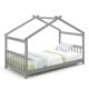Twin size gray wooden house bed with roof design, perfect for themed kids' rooms and easy access for children.