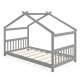 Twin size gray wooden house bed frame with roof design, featuring sturdy slats for kids' themed room decor.