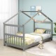 Twin size gray wooden house bed with roof, featuring solid wood support and slats, perfect for kids' themed rooms.