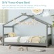 Twin size gray wooden house bed with roof, perfect for themed kids' rooms, featuring solid wood support and slats.