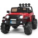 Red 12V kids ride-on truck with remote control, LED lights, and double magnetic doors for outdoor fun and safety.