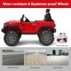Red 12V kids ride-on truck with remote control, explosion-proof wheels, and spring suspension for safe outdoor fun.