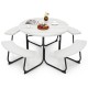 Round white 8-person outdoor picnic table set with benches, featuring a built-in umbrella hole for gatherings.