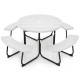 Round 8-person outdoor picnic table set with white HDPE surface and metal frame, featuring an umbrella hole for.
