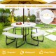 Round 8-person outdoor picnic table with white HDPE surface and built-in umbrella hole, perfect for gatherings.