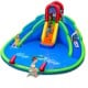 Inflatable waterslide bounce house featuring two slides, climbing wall, and splash pool, designed for kids aged 3-10.