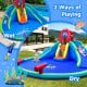 Inflatable waterslide bounce house featuring two slides, climbing wall, and splash pool for wet and dry play.