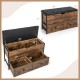 Top view of the brown storage ottoman bench with padded seat, showcasing the spacious interior and two drawer.