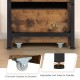 Close-up of smooth casters and adjustable foot pads on a brown storage ottoman bench with padded seat and drawers.
