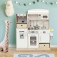 Kids kitchen playset in white with LED lights, removable sink, and storage bins for imaginative play and organization.